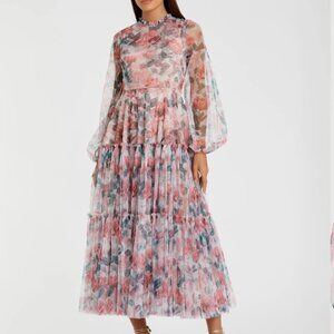 Mac Duggal High Neck Long Balloon Sleeve Midi Dress